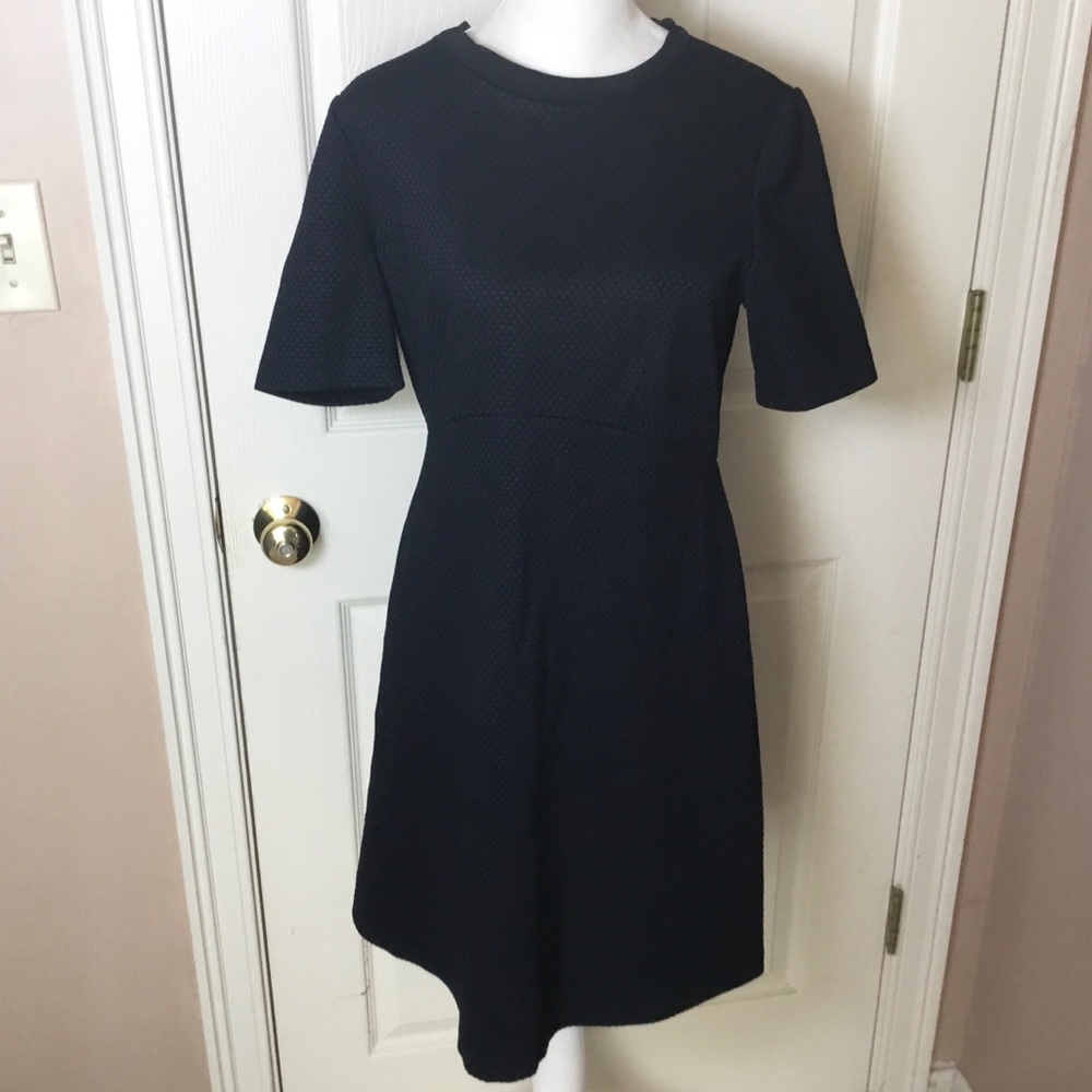 Ann Taylor Flare Black & Navy Subtle Patterned A-Line Short Sleeve Dress - 6